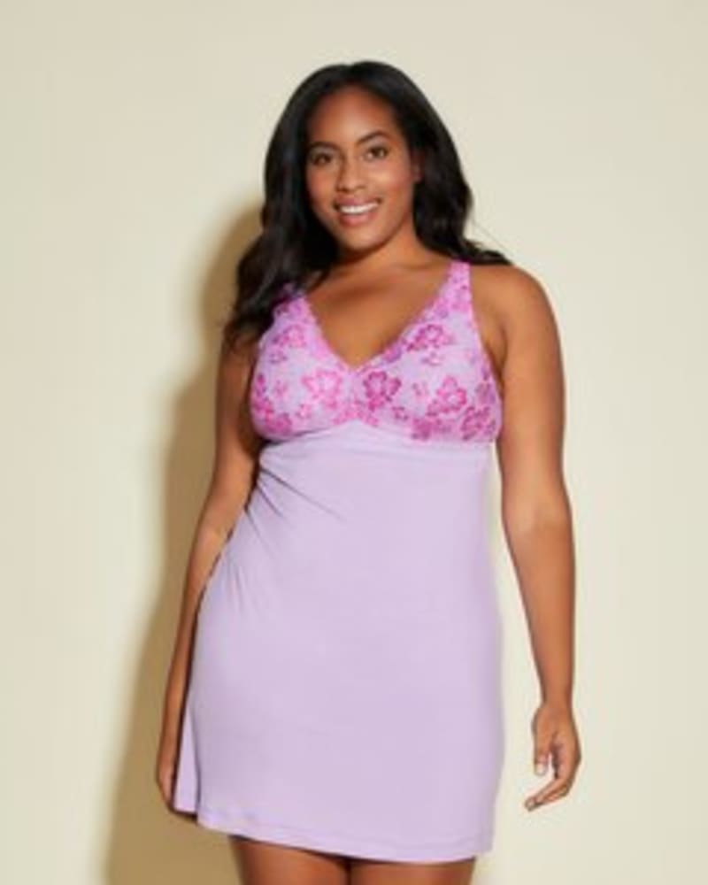 Front of a model wearing a size 1X Lace Chemise in Icy Violet / Cape Fuchsia by Cosabella. | dia_product_style_image_id:253684